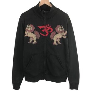 LUCKY BRAND Full Zip Om Foo Dog Graphic Sweatshirt Mock Neck Men's M Black